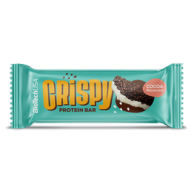 BioTechUSA Crispy Protein Bar – Křupavá proteinová tyčinka s příchutí kakaa, bílým základem, extrudovanou mléčnou bílkovinou, kousky sušenek, cukrem a sladidly, bez lepku.