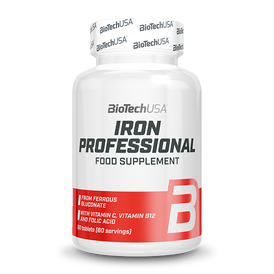 Iron Professional je veganský doplněk stravy ve formě tablet s obsahem železa, vitaminem C, vitaminem B12 a kyselinou listovou pro doplnění železa v organismu. 