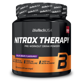 BioTechUSA Nitrox Therapy předtréninkový nápoj v prášku, s cukrem a sladidlem, aminokyselinami, vitamíny a minerálními látkami, s 200 mg kofeinu v denní dávce.