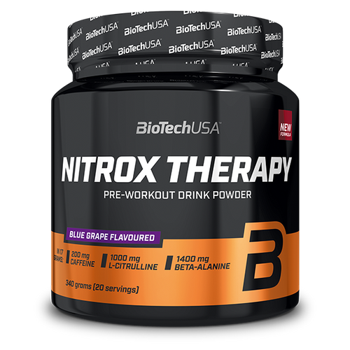 BioTechUSA Nitrox Therapy předtréninkový nápoj v prášku, s cukrem a sladidlem, aminokyselinami, vitamíny a minerálními látkami, s 200 mg kofeinu v denní dávce.