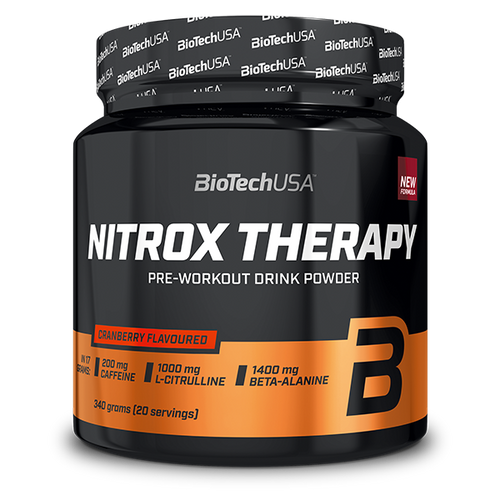 BioTechUSA Nitrox Therapy předtréninkový nápoj v prášku, s cukrem a sladidlem, aminokyselinami, vitamíny a minerálními látkami, s 200 mg kofeinu v denní dávce.