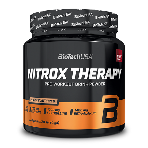 BioTechUSA Nitrox Therapy předtréninkový nápoj v prášku, s cukrem a sladidlem, aminokyselinami, vitamíny a minerálními látkami, s 200 mg kofeinu v denní dávce.