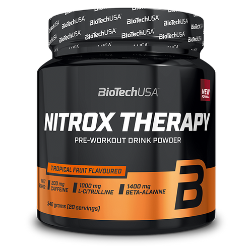 BioTechUSA Nitrox Therapy předtréninkový nápoj v prášku, s cukrem a sladidlem, aminokyselinami, vitamíny a minerálními látkami, s 200 mg kofeinu v denní dávce.