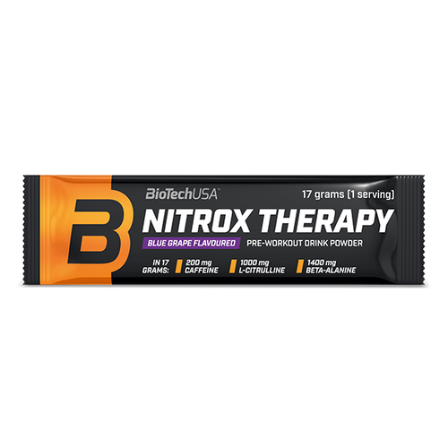 BioTechUSA Nitrox Therapy předtréninkový nápoj v prášku, s cukrem a sladidlem, aminokyselinami, vitamíny a minerálními látkami, s 200 mg kofeinu v denní dávce.
