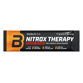 BioTechUSA Nitrox Therapy předtréninkový nápoj v prášku, s cukrem a sladidlem, aminokyselinami, vitamíny a minerálními látkami, s 200 mg kofeinu v denní dávce.