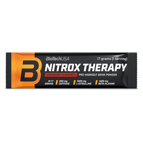 BioTechUSA Nitrox Therapy předtréninkový nápoj v prášku, s cukrem a sladidlem, aminokyselinami, vitamíny a minerálními látkami, s 200 mg kofeinu v denní dávce.