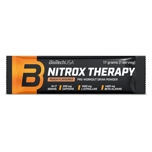 BioTechUSA Nitrox Therapy předtréninkový nápoj v prášku, s cukrem a sladidlem, aminokyselinami, vitamíny a minerálními látkami, s 200 mg kofeinu v denní dávce.
