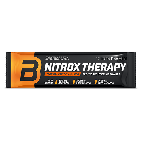 BioTechUSA Nitrox Therapy předtréninkový nápoj v prášku, s cukrem a sladidlem, aminokyselinami, vitamíny a minerálními látkami, s 200 mg kofeinu v denní dávce.