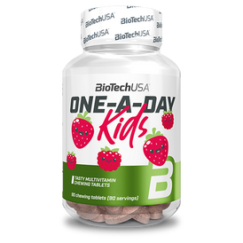 BioTechUSA One-A-Day Kids multivitamin žvýkací tablety se 13 druhy vitamínů, se 3 druhy minerálních látek. 