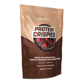 BioTechUSA Protein Crispies - Bezlepková snídaně s vysokým obsahem bílkovin, čokoládovou příchutí, cukrem a sladidlem.